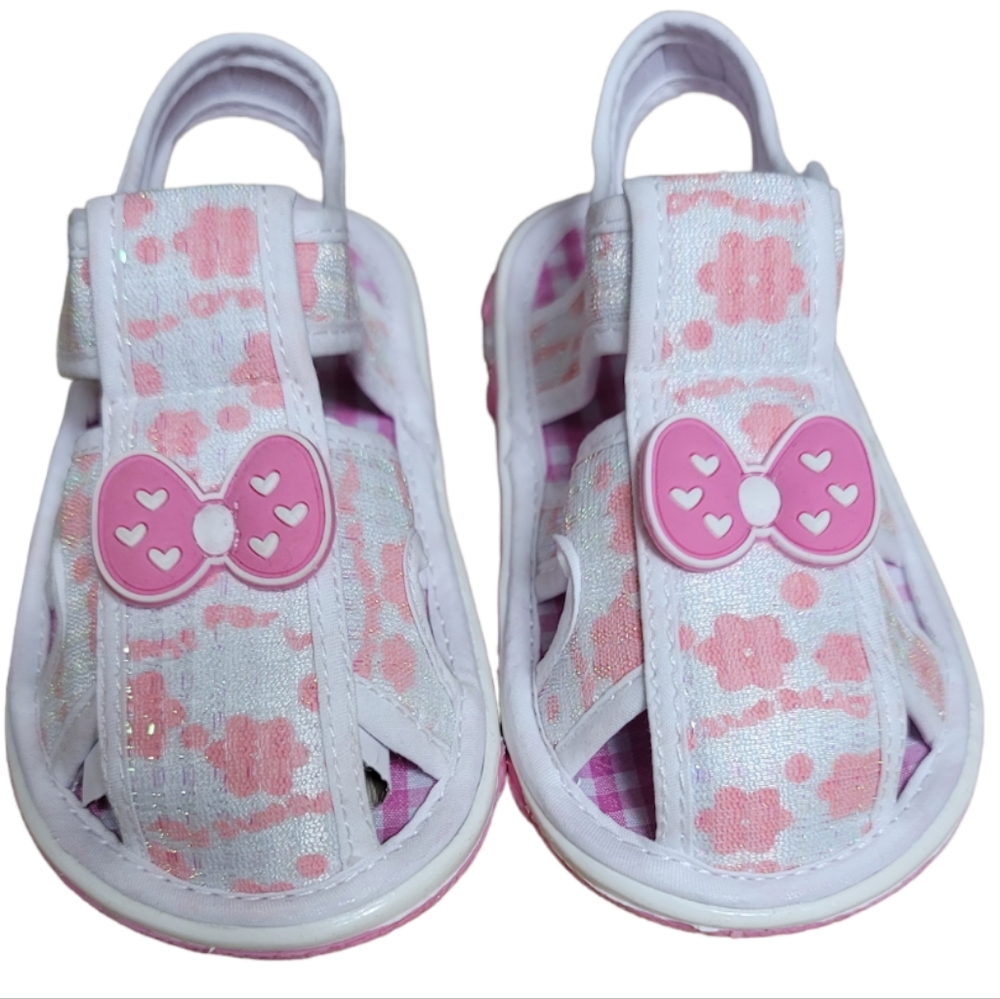 Little Star Pink and White Bow Velco Strap Sandals Squeeks on Step, Toddler 7